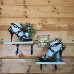 Michael Kors Evie Hair Calf Leather Leopard Print Platform Heel Sandals Sz 8.5 M